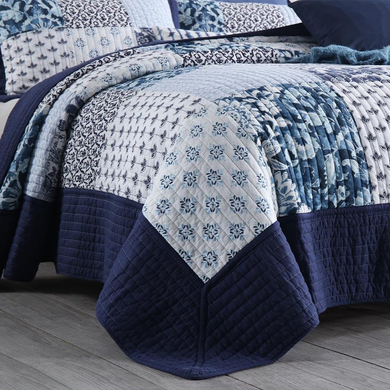ENASAL Cotton Bedspread Quilt Sets Reversible Bedding Coverlet Sets Luxury Floral White Blue Real Patchwork Bedspread, King Size - Image 5