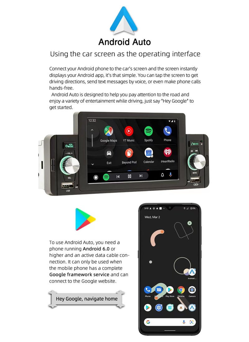 Generic - 5 Inch Touch Screen Apple Stereo  CarPlayer Android MP5 Auto Media Receiver Car Radio with Support Bluetooth Hands Free Calling FM SWC USB AUX Mirror Link + - Image 1