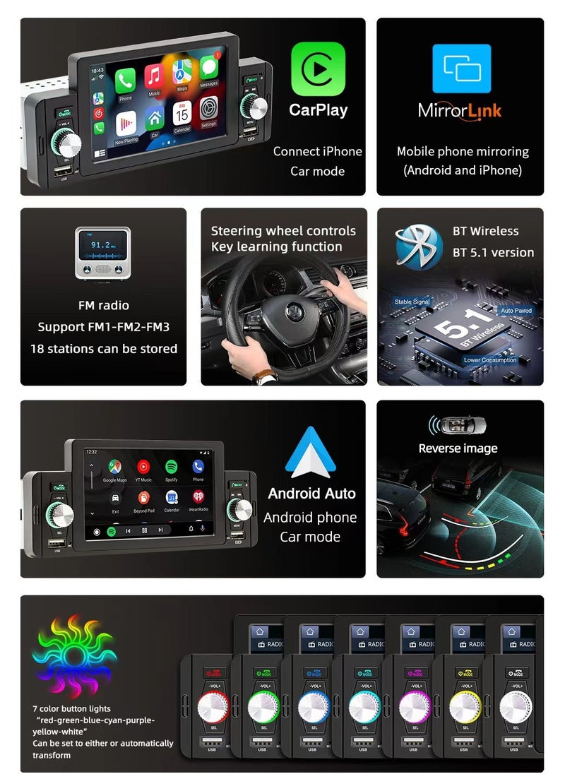 Generic - 5 Inch Touch Screen Apple Stereo  CarPlayer Android MP5 Auto Media Receiver Car Radio with Support Bluetooth Hands Free Calling FM SWC USB AUX Mirror Link + - Image 1
