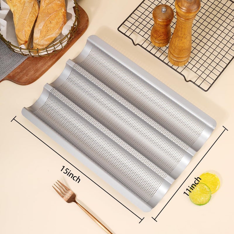 Hesanzol Baguette Pans for Baking 15" x 11", 3 Loaf Carbon Steel French Bread Pan Nonstick Perforated Baguette Baking Tray Silver - Image 5