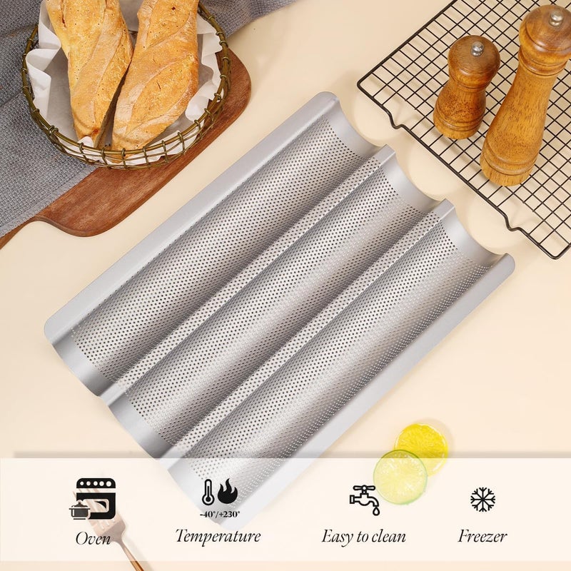 Hesanzol Baguette Pans for Baking 15" x 11", 3 Loaf Carbon Steel French Bread Pan Nonstick Perforated Baguette Baking Tray Silver - Image 4