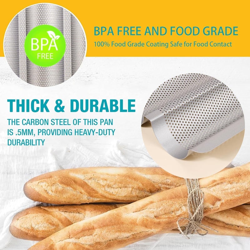 Hesanzol Baguette Pans for Baking 15" x 11", 3 Loaf Carbon Steel French Bread Pan Nonstick Perforated Baguette Baking Tray Silver - Image 3