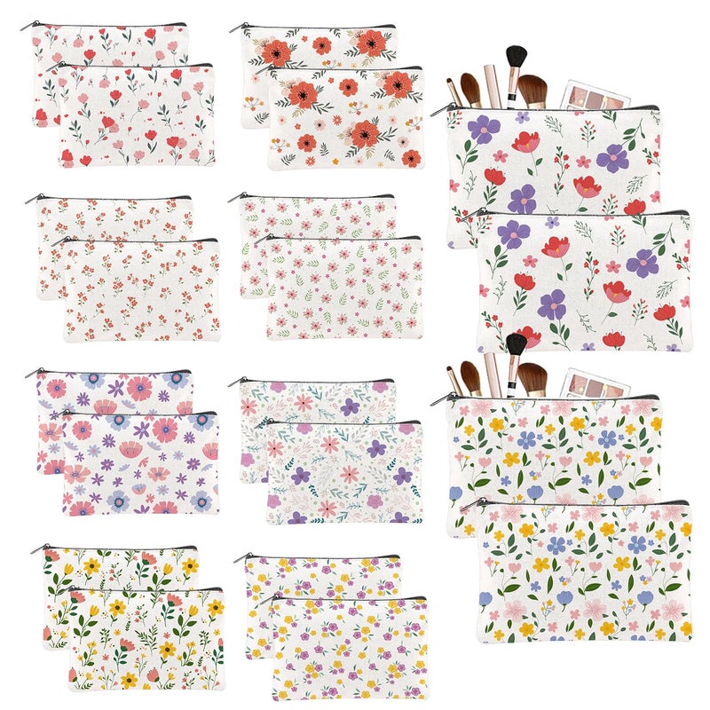 TWINKLEMON 20PCS Flower Canvas Makeup Bags Bulk Floral Cosmetic Bags for Women and Girls Multicolor Travel Pouch Wildflower Canvas Toiletry Bag Bulk Makeup Organizer Bags for Friendgiving Friend Gifts - Image 1