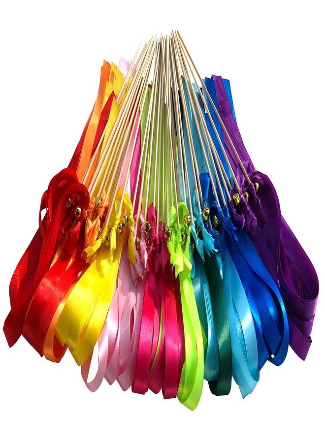 Kingsnow 50 Pack Ribbon Wands Wedding Streamers with Bells, Silk Fairy Stick Wish Wands Party Favors for Wedding Send Off Party Activities Table Holiday Celebration - Image 2