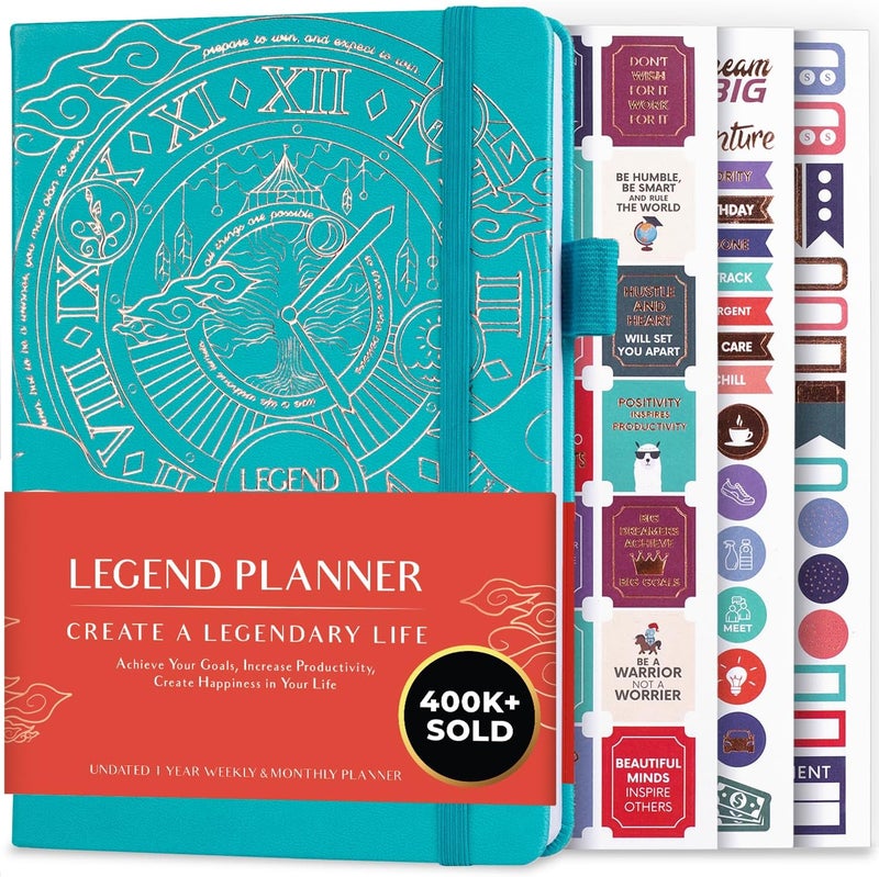 Legend Planner – مخطط أسبوعي وشهري فاخر لتحقيق أهدافك والعيش بسعادة أكبر. دفتر تنظيم ومفكرة إنتاجية. غلاف مقوى A5، غير مؤرخ – ابدأ في أي وقت + ملصقات – ذهبي فيروزي - Image 1