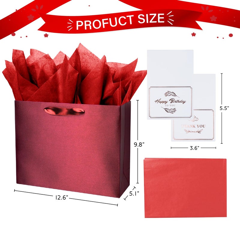 Linelglobal Red Gift Bag With Tissue Paper Solid Color Silky For Women Men Boutique  Birthday  Anniversary  Wedding 13"" - Image 2