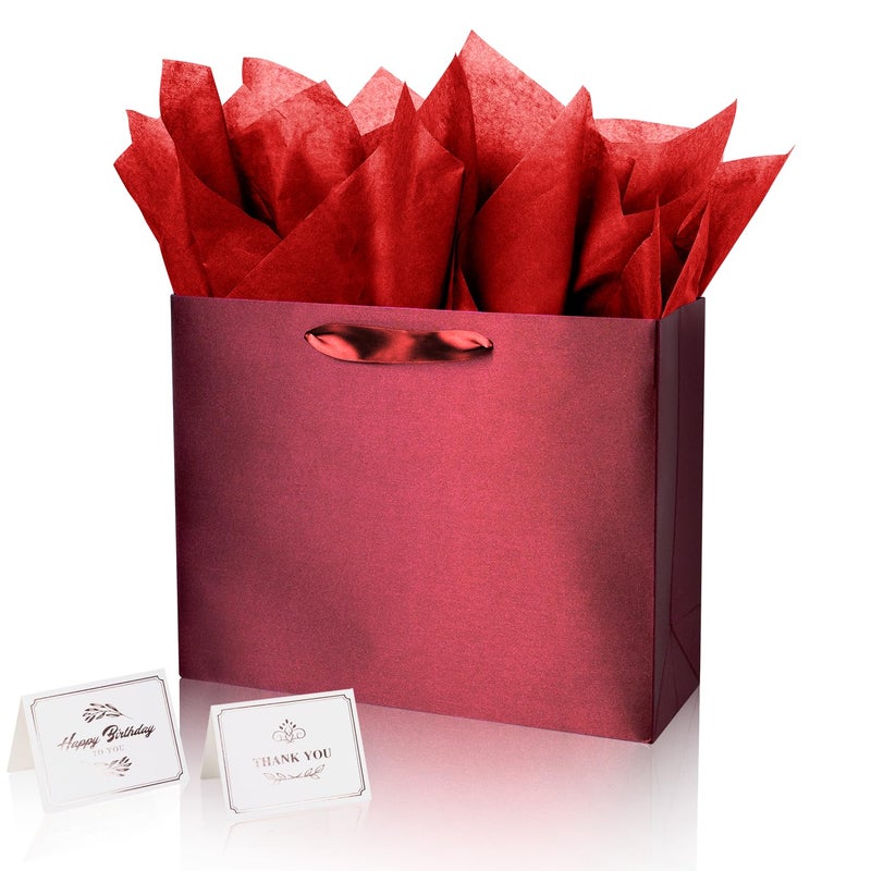 Linelglobal Red Gift Bag With Tissue Paper Solid Color Silky For Women Men Boutique  Birthday  Anniversary  Wedding 13"" - Image 1