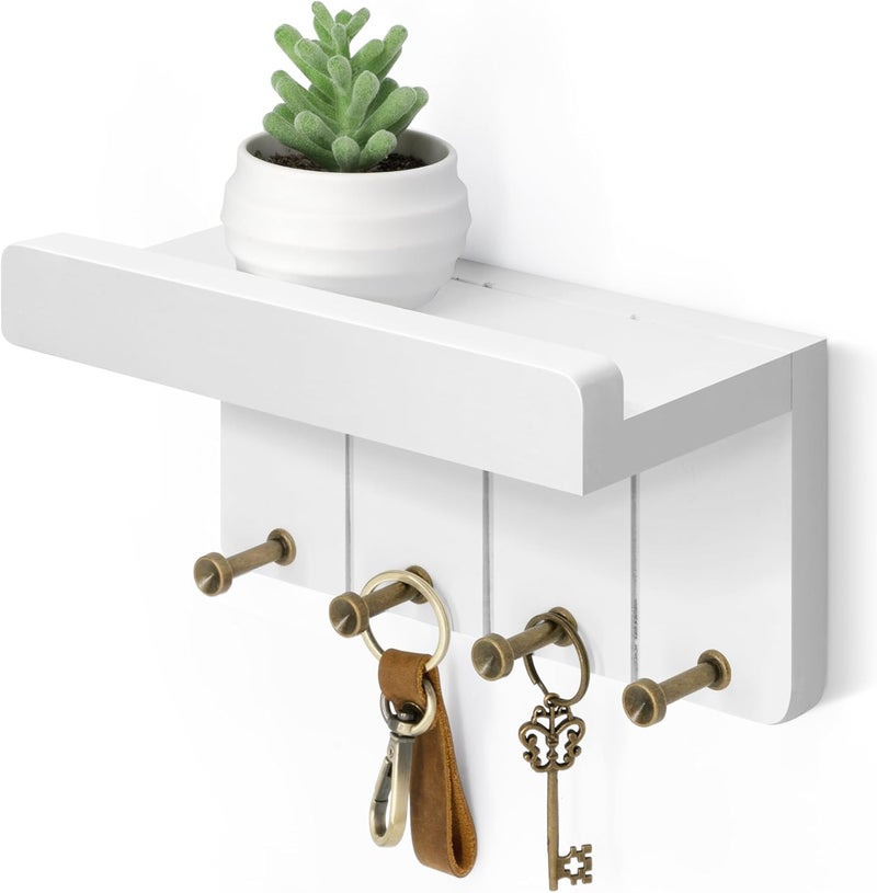 Rebee Vision Small Key Holder Wall Mount - Aesthetic Room Decor with 4 Study Hooks and Mini Floating Shelf - Ideal Apartment Essentials for Farmhouse Living Room and Home Decor (Modern White) - Image 1
