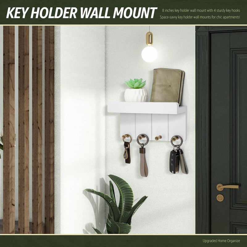 Rebee Vision Small Key Holder Wall Mount - Aesthetic Room Decor with 4 Study Hooks and Mini Floating Shelf - Ideal Apartment Essentials for Farmhouse Living Room and Home Decor (Modern White) - Image 2