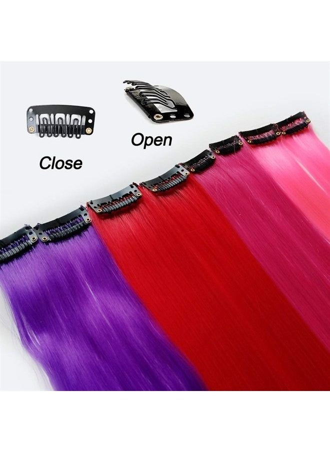 HH FASHION 20” Straight Colourful hair Party Highlights Clip on in Hair Extensions Colored Hair Streak 24 Pcs Colored Synthetic Hairpieces For Woman(Red+Rose red+Pink+Purple) 
