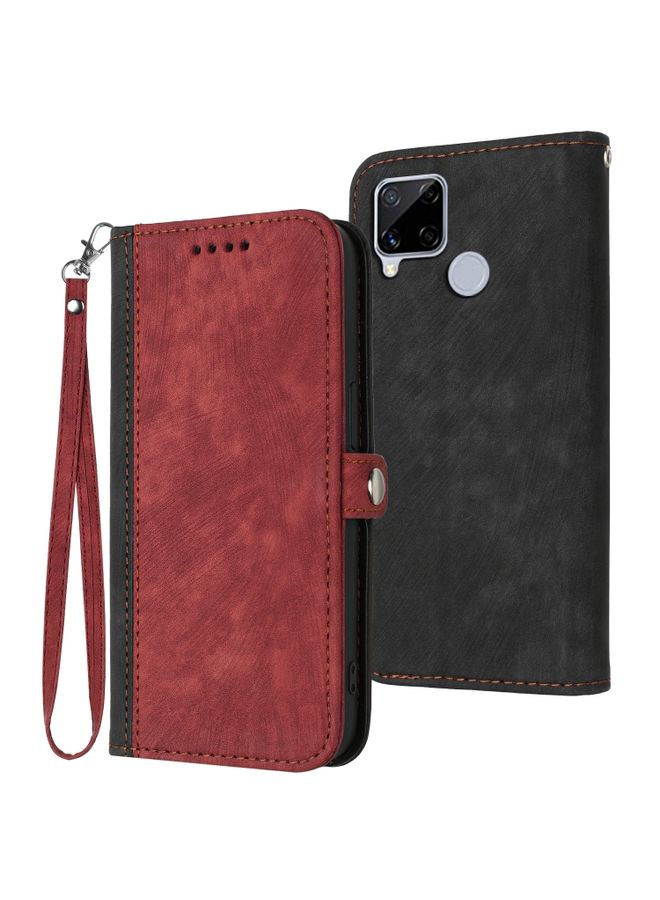 HuHa Case Cover For Realme C12 / C15 Side Buckle Double Fold Hand Strap Leather Phone Case Red