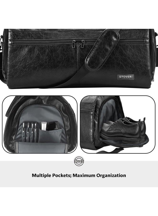 Stover Garment Travel Duffle Bag, Large 2-in-1 Convertible Carry-on Luggage for Men & Women- Hanging Suits, Dresses & Clothes + Shoe Compartment- Weekender Tote Combo Duffel, Leather Black - Image 5