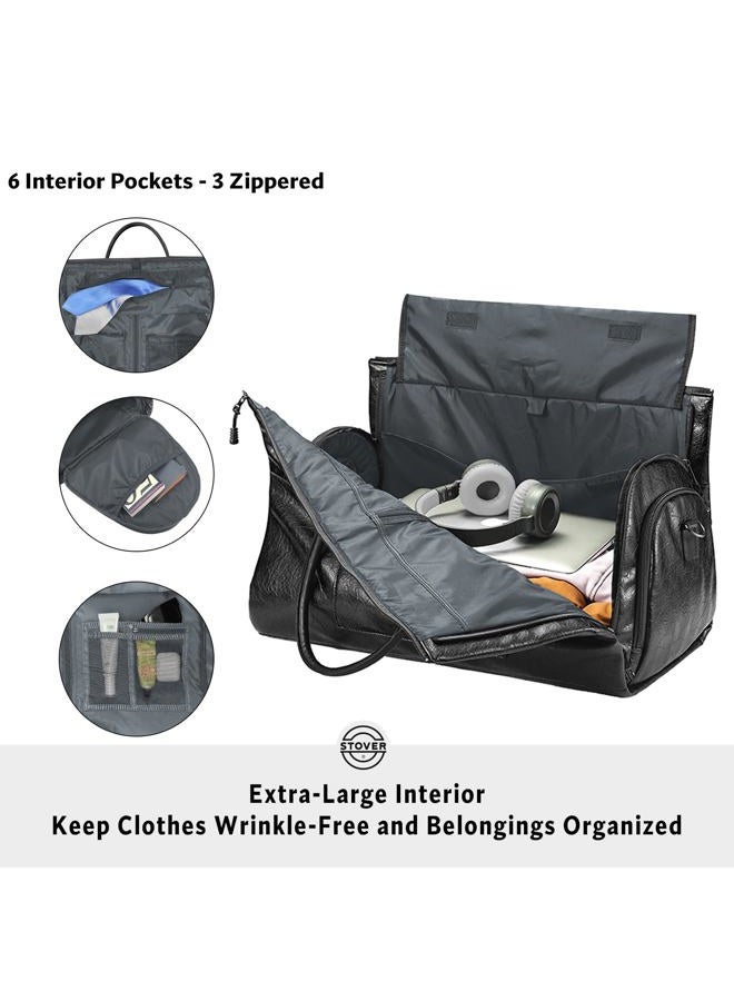 Stover Garment Travel Duffle Bag, Large 2-in-1 Convertible Carry-on Luggage for Men & Women- Hanging Suits, Dresses & Clothes + Shoe Compartment- Weekender Tote Combo Duffel, Leather Black - Image 3