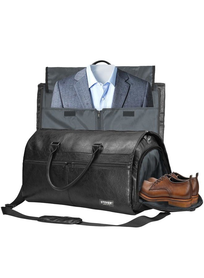 Stover Garment Travel Duffle Bag, Large 2-in-1 Convertible Carry-on Luggage for Men & Women- Hanging Suits, Dresses & Clothes + Shoe Compartment- Weekender Tote Combo Duffel, Leather Black - Image 1