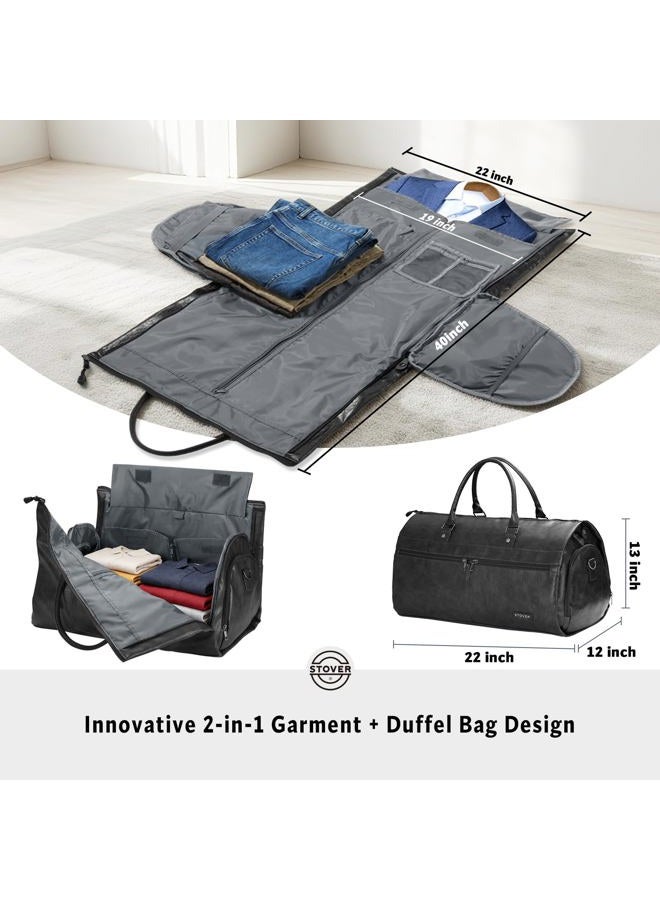 Stover Garment Travel Duffle Bag, Large 2-in-1 Convertible Carry-on Luggage for Men & Women- Hanging Suits, Dresses & Clothes + Shoe Compartment- Weekender Tote Combo Duffel, Leather Black - Image 2