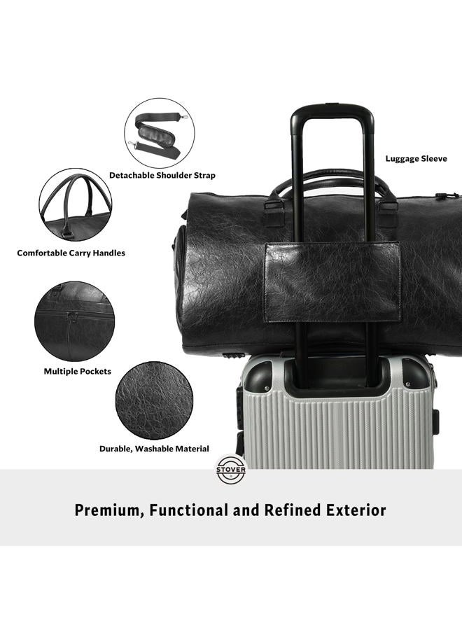 Stover Garment Travel Duffle Bag, Large 2-in-1 Convertible Carry-on Luggage for Men & Women- Hanging Suits, Dresses & Clothes + Shoe Compartment- Weekender Tote Combo Duffel, Leather Black - Image 4