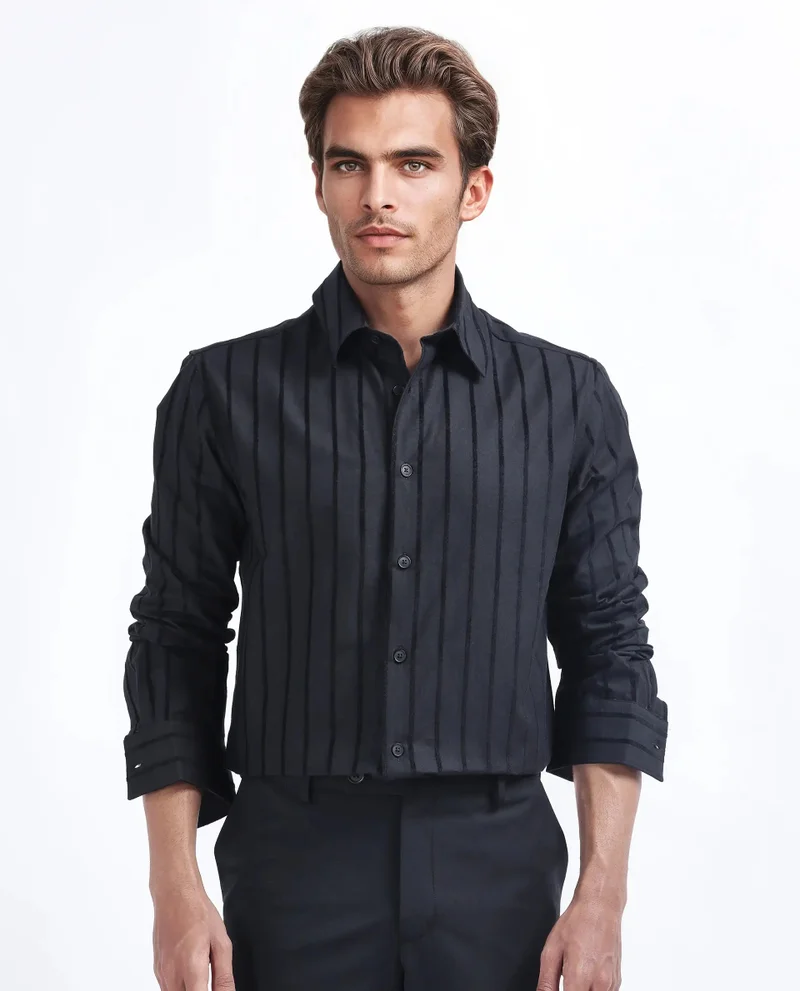 Rare Rabbit Rare Rabbit Men's Tener Black Cotton Fabric Full Sleeve Spread Collar Regular Fit Striped Shirt