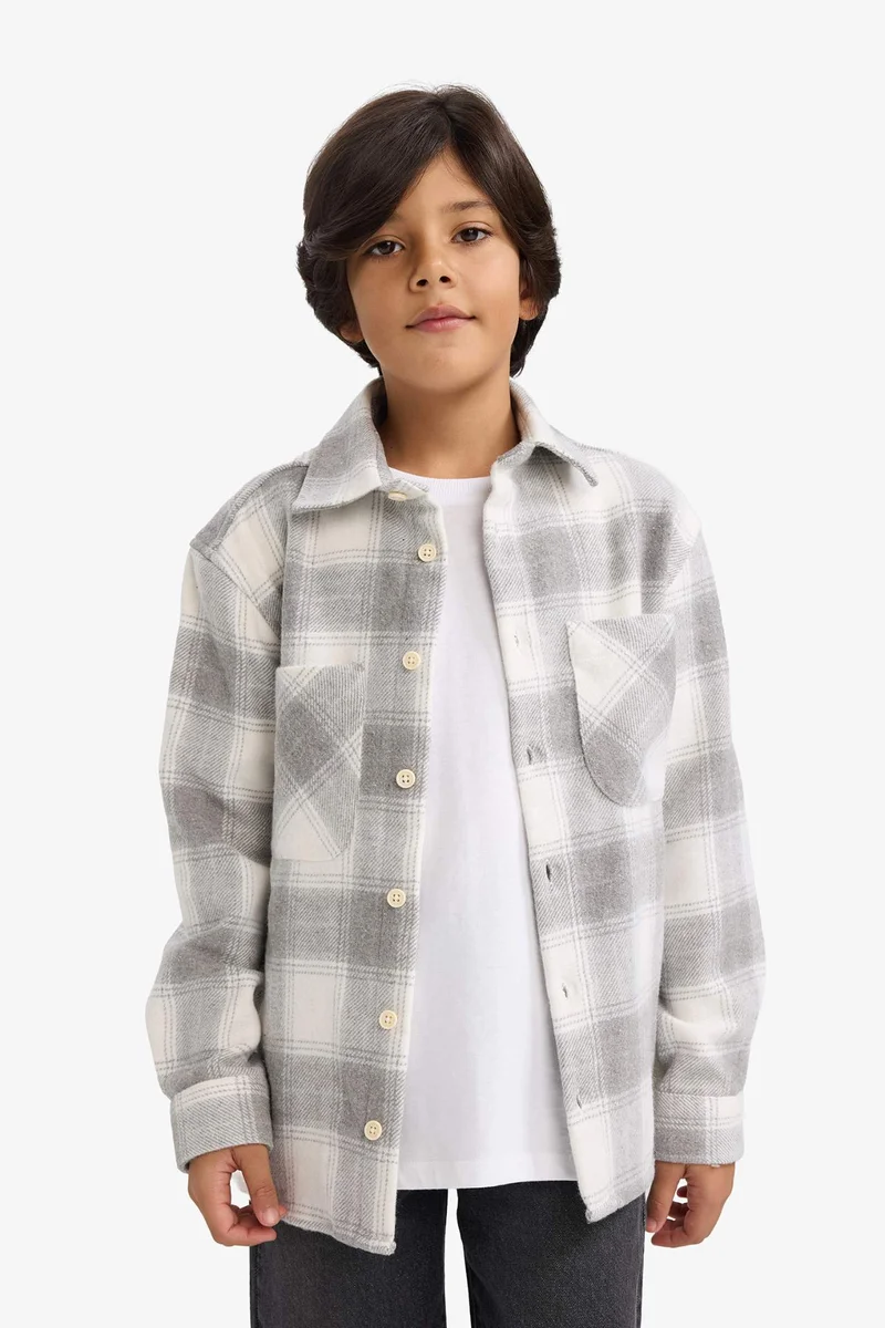 ديفاكتو Boy Oversize Loose Fit Polo Neck Plaid Flannel Shirt