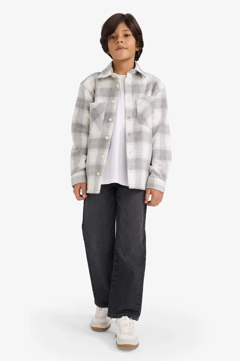 ديفاكتو Boy Oversize Loose Fit Polo Neck Plaid Flannel Shirt