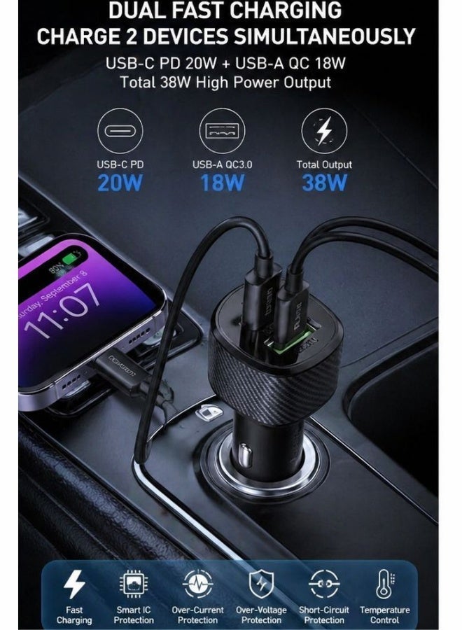USLPOWER Car Charger 38W Fast Charging PD QC3.0 Dual Port USB-C USB-A with PD to Lightning Cable for iPhone iPad Samsung Android – Compact Safe Car Adapter - Image 5