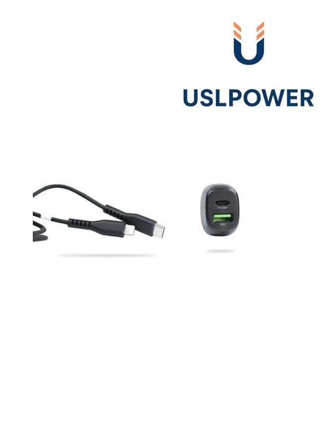 USLPOWER Car Charger 38W Fast Charging PD QC3.0 Dual Port USB-C USB-A with PD to Lightning Cable for iPhone iPad Samsung Android – Compact Safe Car Adapter - Image 2