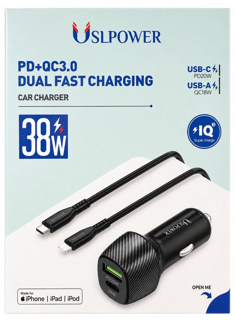 USLPOWER Car Charger 38W Fast Charging PD QC3.0 Dual Port USB-C USB-A with PD to Lightning Cable for iPhone iPad Samsung Android – Compact Safe Car Adapter - Image 1