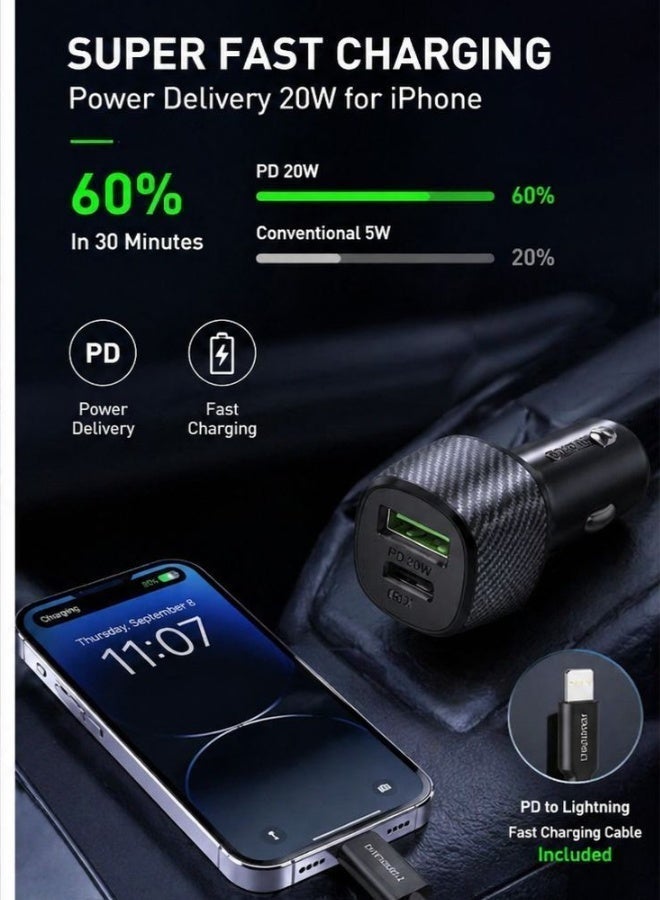 USLPOWER Car Charger 38W Fast Charging PD QC3.0 Dual Port USB-C USB-A with PD to Lightning Cable for iPhone iPad Samsung Android – Compact Safe Car Adapter - Image 4