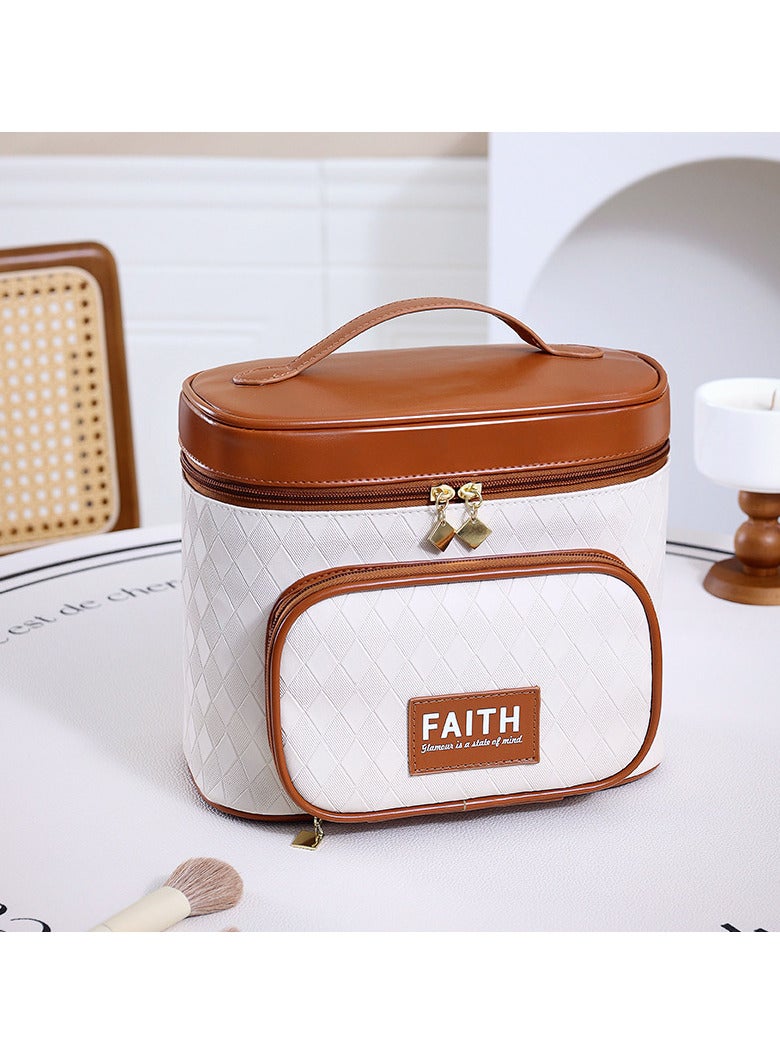 Faith حقيبة مكياج حقيبة مستحضرات تجميل مقاومة للماء حقيبة مكياج جلدية حقيبة سفر مكياج محمولة حقيبة فرشاة مكياج بسعة كبيرة حقيبة منظم مكياج متعدد الوظائف (بني) - Image 1