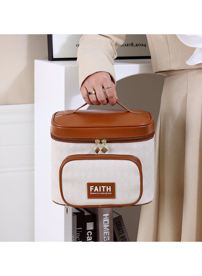 Faith حقيبة مكياج حقيبة مستحضرات تجميل مقاومة للماء حقيبة مكياج جلدية حقيبة سفر مكياج محمولة حقيبة فرشاة مكياج بسعة كبيرة حقيبة منظم مكياج متعدد الوظائف (بني) - Image 2