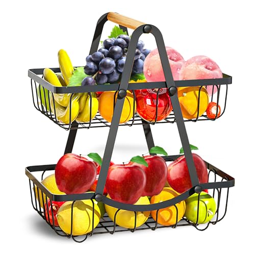 ZEROLUXE 2 Tier Fruit Basket for Kitchen Detachable Fruit Bowl for Kitchen Counter Metal Fruit and Vegetable Storage Stand Fruits Holder Vegetable Basket with Wood Handle Bread and Snack Organizer - Image 1