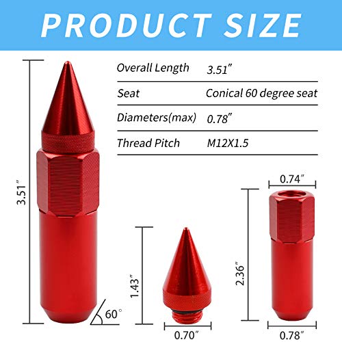 EZPROIT M12X1.5 Spiked Nuts for Rims Aluminum Extended Tuner Lug Nuts 20PCS 60MM (Red) - Image 2
