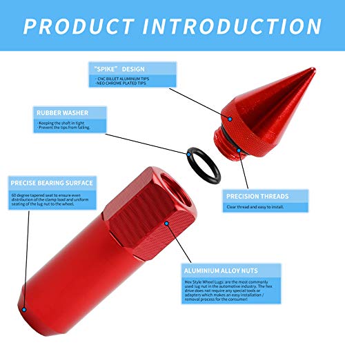 EZPROIT M12X1.5 Spiked Nuts for Rims Aluminum Extended Tuner Lug Nuts 20PCS 60MM (Red) - Image 4