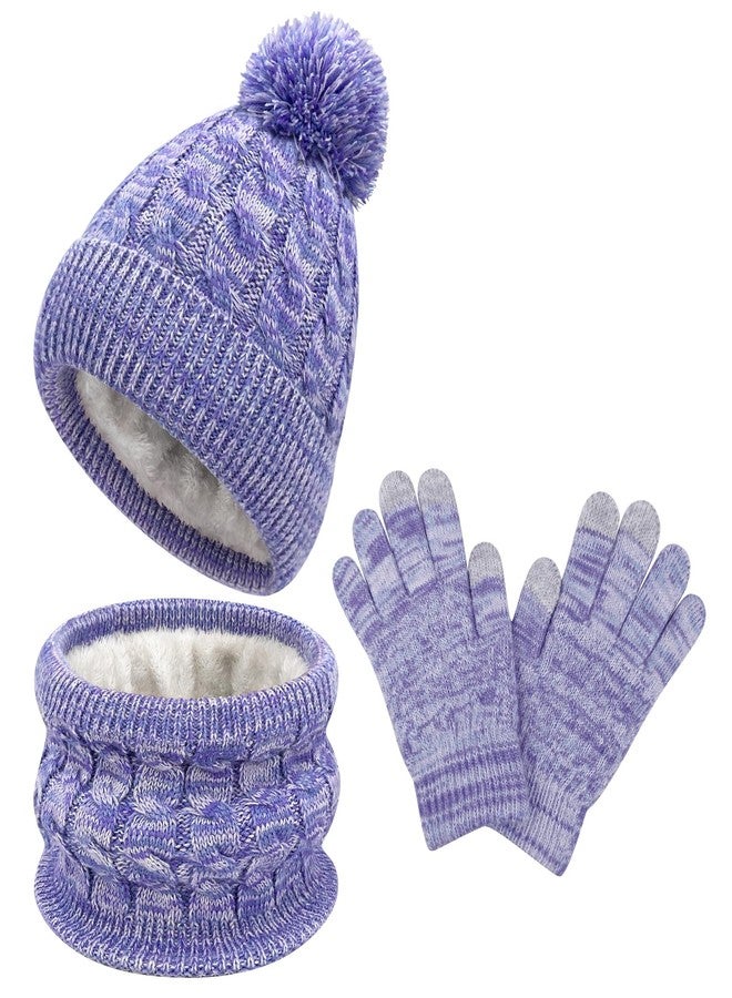 Beurlike Kids Winter Hat Gloves Scarf Set Warm Fleece Beanie with Pom Knit Neck Warmer Mittens for Boys Girls Ages 3-8（Purple） - Image 1