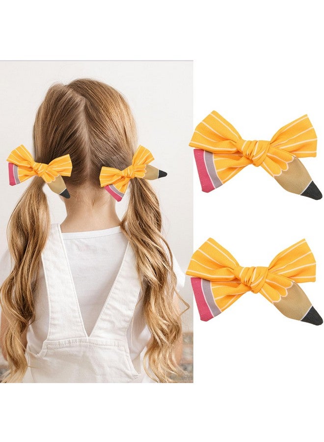 DIUEWOW 2PCS Back to School Hair Bows Clips The Hand Painted Yellow Pencil Hair Clips with Stripe Design Hairgrips for First Day of School Welcome to School Students Hair Accessories(Small) - Image 1