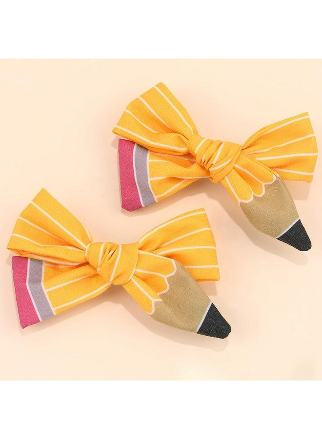 DIUEWOW 2PCS Back to School Hair Bows Clips The Hand Painted Yellow Pencil Hair Clips with Stripe Design Hairgrips for First Day of School Welcome to School Students Hair Accessories(Small) - Image 2
