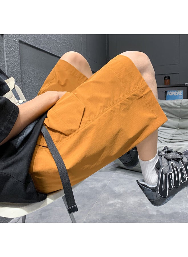 Homlean American-style Work Shorts Men's Spring And Summer Loose Wide-leg Breathable Comfortable Large Pocket Five-point Pants Ht17 Orange Yellow 4XL - Image 2