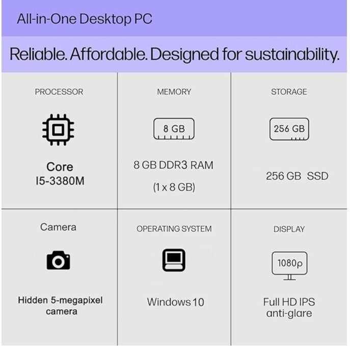 كمبيوتر متكامل، كمبيوتر مكتبي متكامل بشاشة 24 بوصة، مزود بمعالج Intel Core i5-3380M، وذاكرة وصول عشوائي 8 جيجابايت DDR3، وقرص تخزين SSD بسعة 256 جيجابايت، وشاشة بدقة 1920 × 1080 بكسل، وكاميرا مخفية قابلة للسحب بدقة 5 ميجابكسل، ولوحة مفاتيح سلكية باللغة العربية، وفأرة سلكية. الإنجليزية/العربية white - Image 2