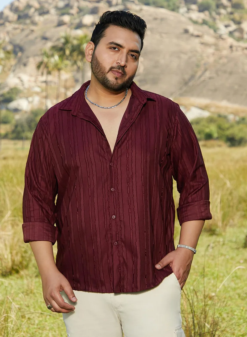 Instafab Plus Instafab Plus Men's Wine Red Ripple-Edge Shirt For Casual Wear | Spread Collar | Long Cuffed Sleeves | Button Closure | Plus Size Shirt Crafted With Comfort Fit For Everyday Wear