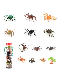 Galaxy Creepy Crawly Spider Set - 13 Pieces | Realistic Spider Figures with Palm Tree Accessory in Portable Container