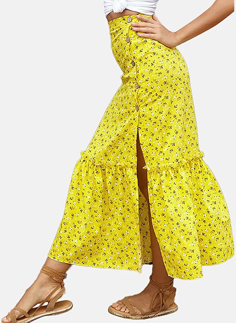 YUNIQEE Yellow Wrap Printed Midi Skirt