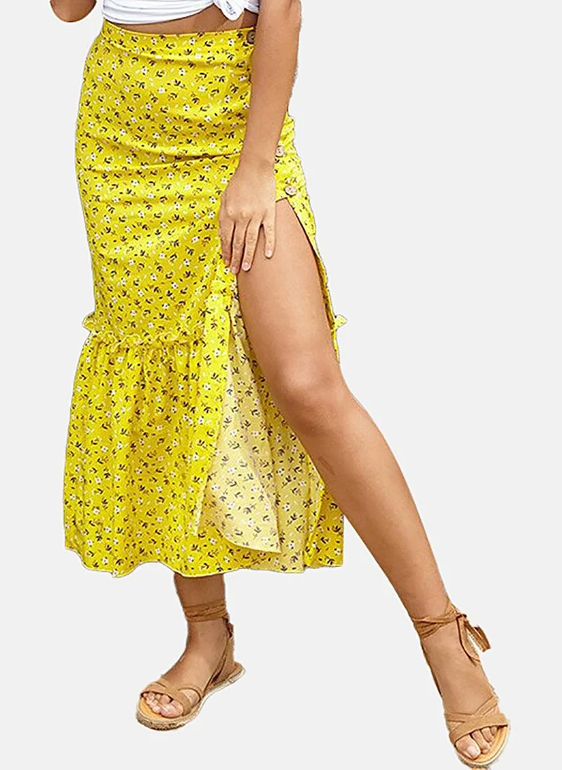 YUNIQEE Yellow Wrap Printed Midi Skirt