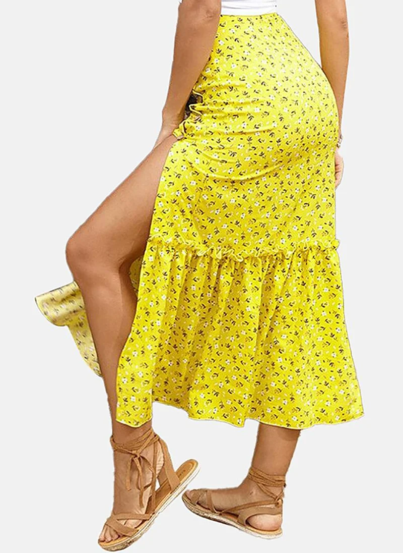YUNIQEE Yellow Wrap Printed Midi Skirt