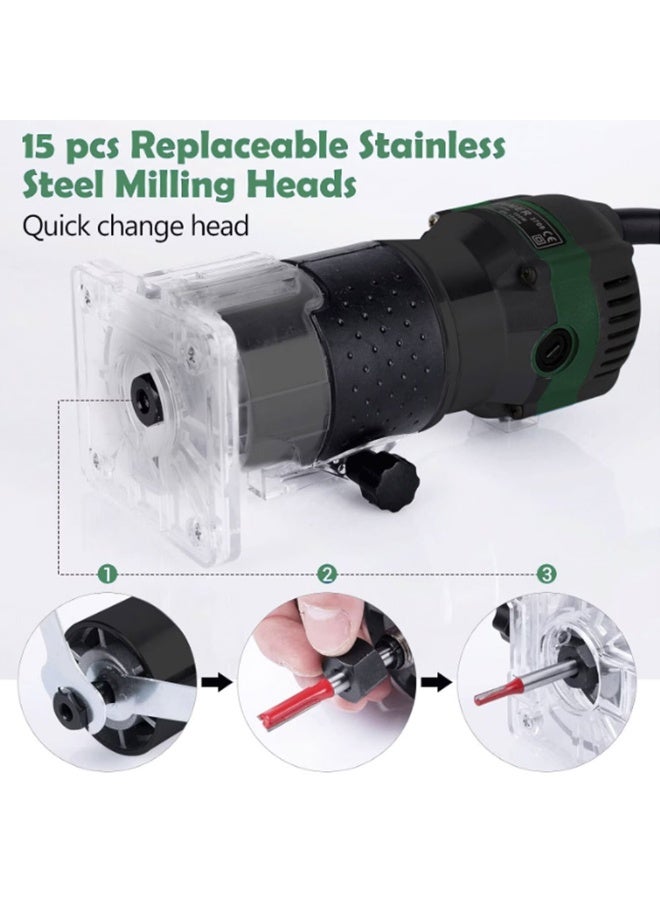 excitat 30000 RPM Woodworking Electric Trimmer, Trim router, 800W Wood Milling Engraving Slotting Machine, Hand Carving Router Machine, Electric Trimmer Machine, Utility Tools,15Pcs Router Bits Set, Black - Image 3