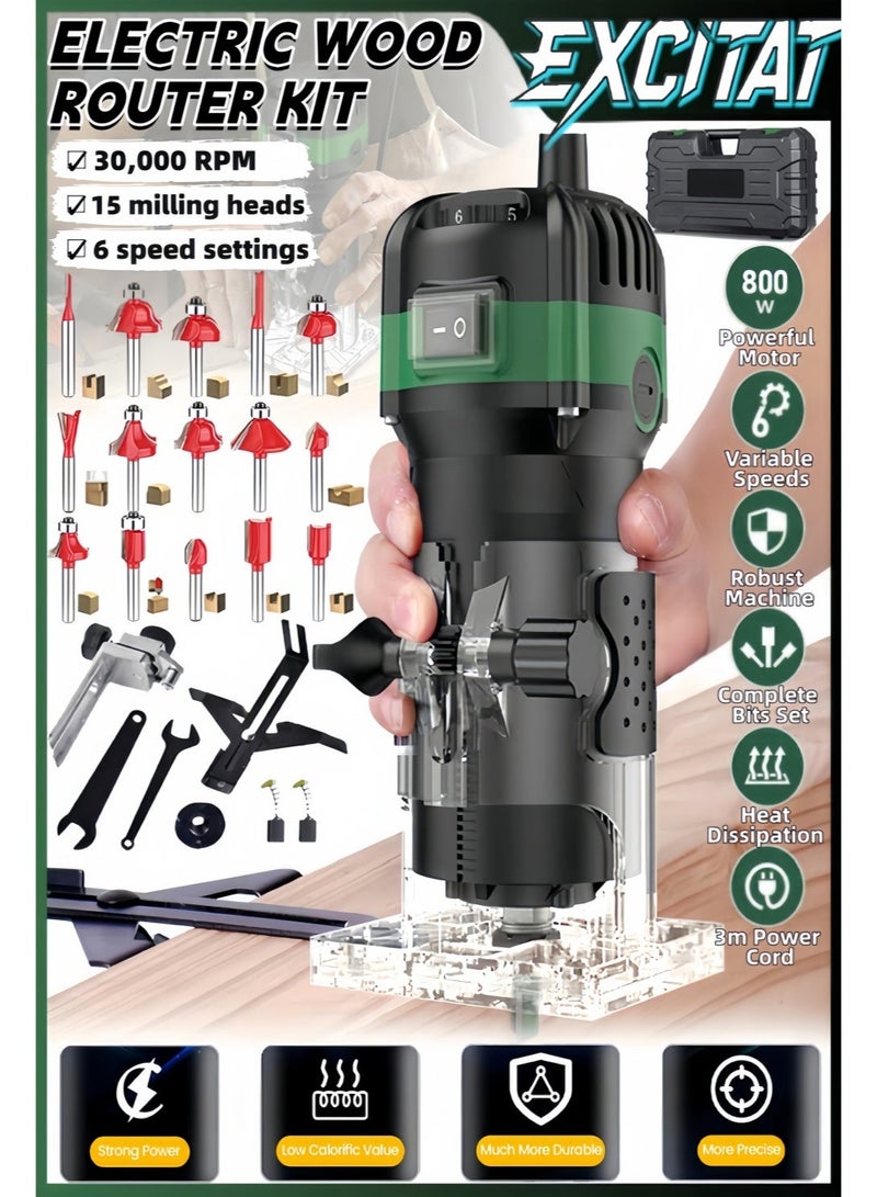 excitat 30000 RPM Woodworking Electric Trimmer, Trim router, 800W Wood Milling Engraving Slotting Machine, Hand Carving Router Machine, Electric Trimmer Machine, Utility Tools,15Pcs Router Bits Set, Black - Image 1
