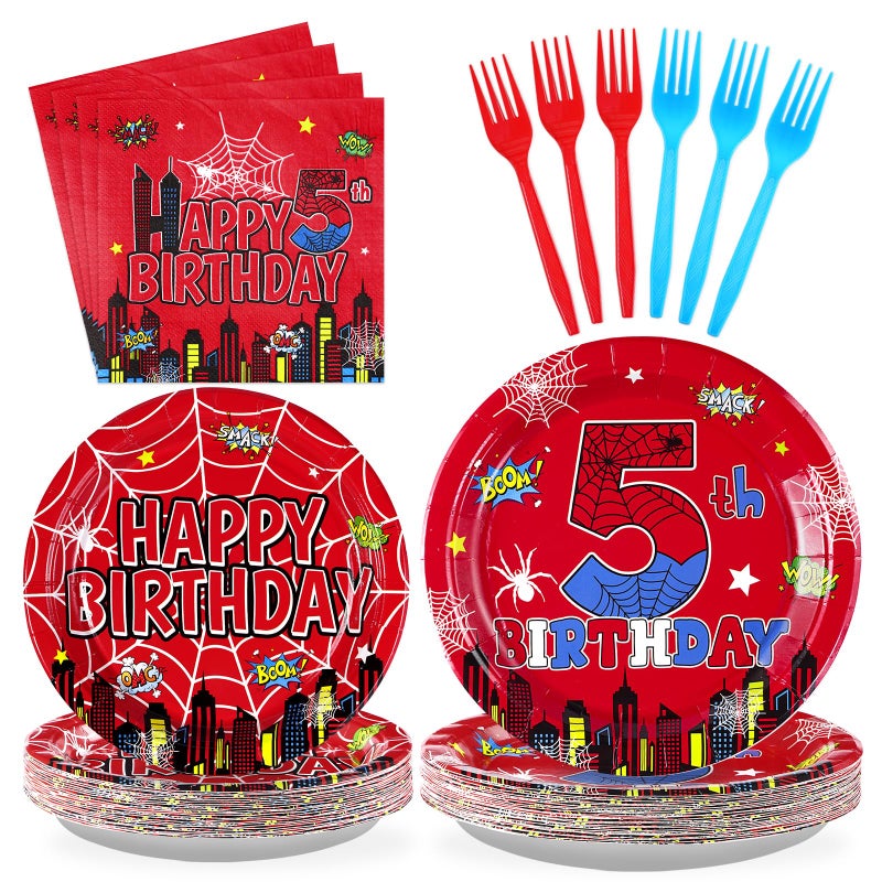 Grencian 96Pcs Cartoon Spider Birthday Party Decorations Red Blue Spider 5th Birthday Party Plates Disposable Super Theme Paper Tableware Set for Spider Kids 5 Year Old Supplies, Serves 24 - Image 1