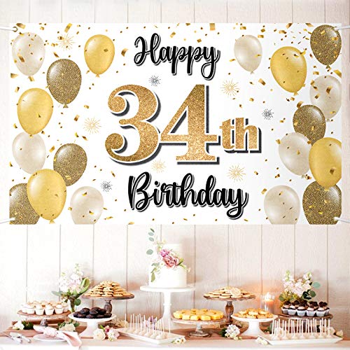 LASKYER Happy 34th Birthday Decorations34th Gold Balloon Large Birthday Banner Backdrop Sign34 Years Old Bday Party Supplies - Image 1