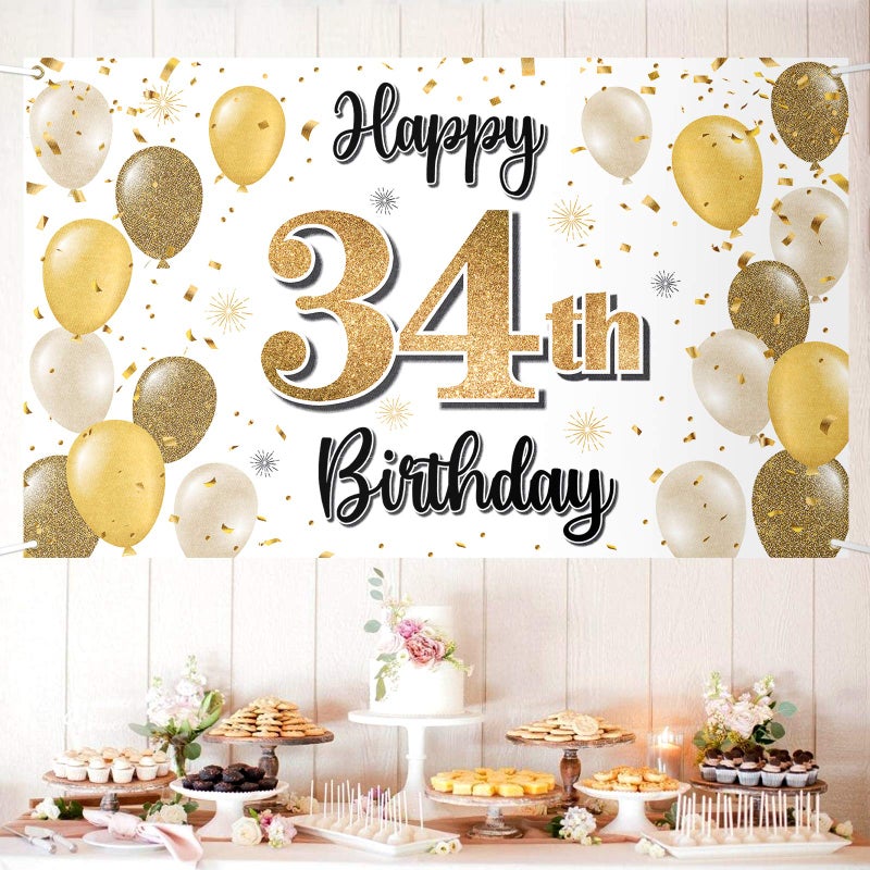 LASKYER Happy 34th Birthday Decorations34th Gold Balloon Large Birthday Banner Backdrop Sign34 Years Old Bday Party Supplies - Image 2