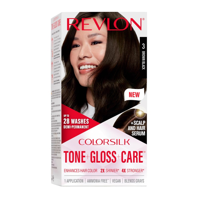 Revlon ColorSilk Tone + Gloss + Care Demi Permanent Hair Color, Dye Kit with Leave-In Scalp and Haircare Serum, 2x Shinier, 4x Stronger, 3 Brown Black, 4.5 fl oz - Image 1