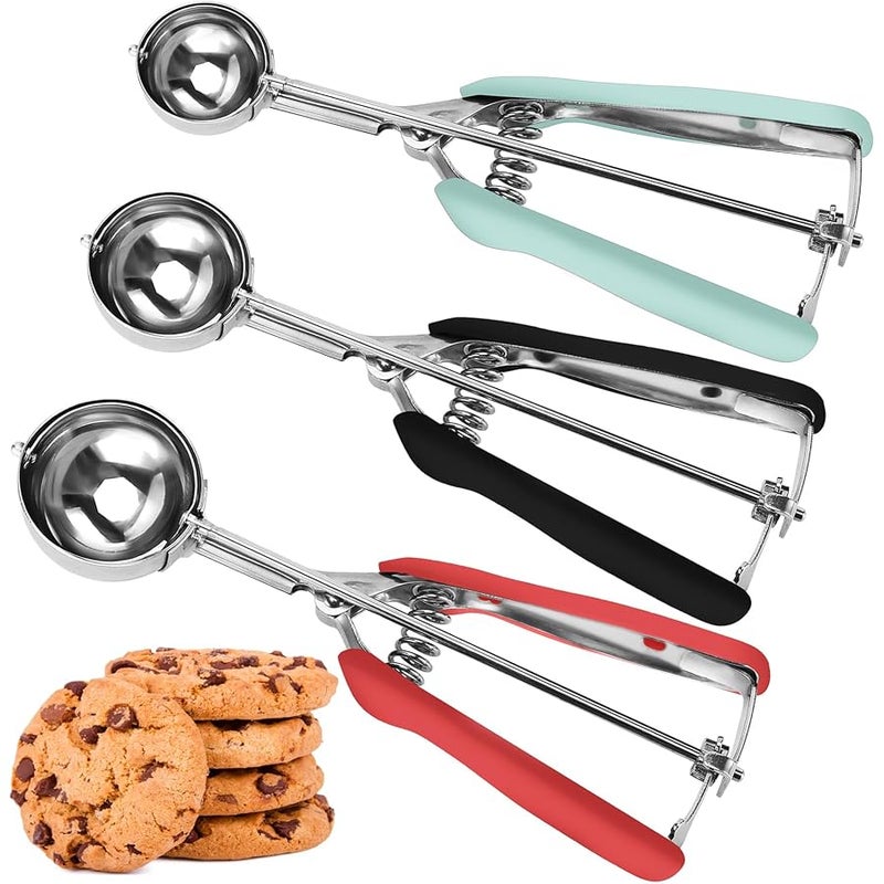JUNADAEL J Cookie Scoop Set, Include 1 Tablespoon/ 2 Tablespoon/ 3 Tablespoon, Cookie Dough Scoop, Cookie Scoops for Baking set of 3, Red/Black/Mint Handle, 18/8 Stainless Steel, Soft Grip - Image 1