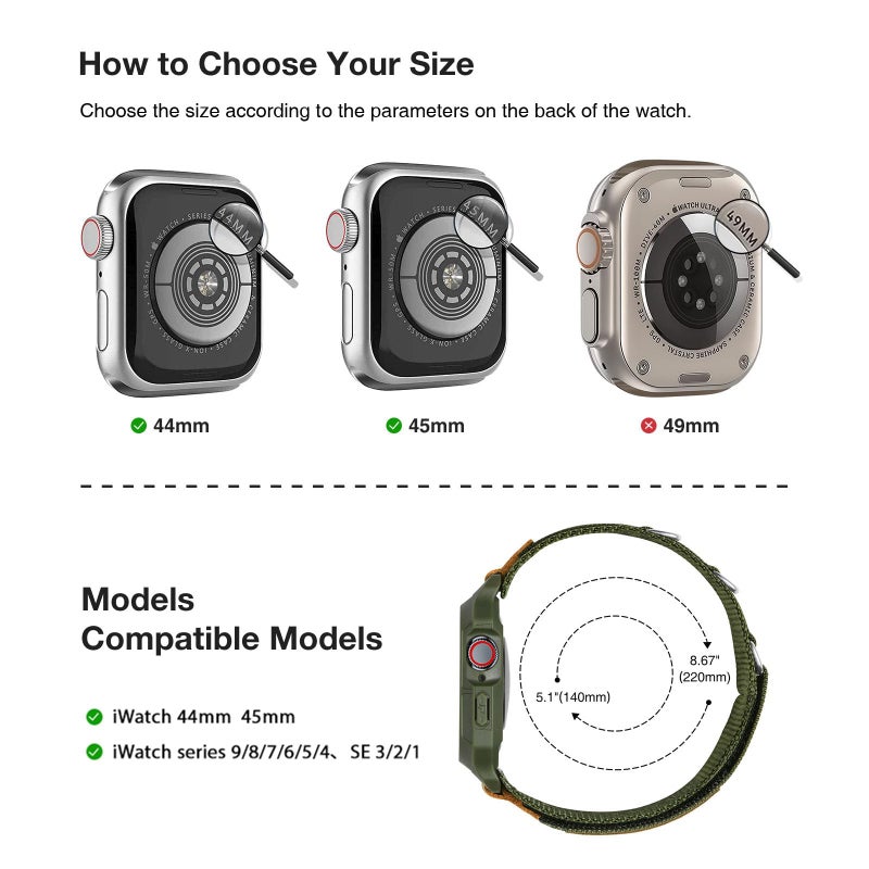 SUNFWR Bands Compatible with Apple Watch 44mm 45mm with Case,Rugged Sport Apple Watch Strap with Protective Cover for iwatch Series 9/8/7/6/5/4/SE for Men(Army green) - Image 2